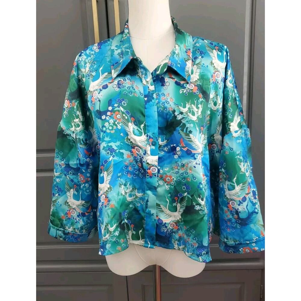 Misa Hylton x INC Japanese Crane Kimono Style Button Up Camp Shirt Cropped XXXL - Picture 6 of 11